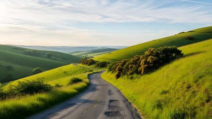 A winding road leads through a serene and vibrant green landscape under a blue sky