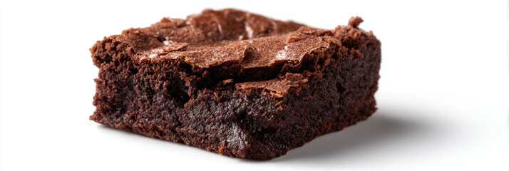 Fudgy brownie chocolate dessert baked treat closeup isolated white background crackly top moist rich square