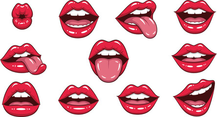 Set of expressive female mouths with red lipstick showing various emotions including sticking out tongue smiling and kissing isolated vector illustration © Sanjida