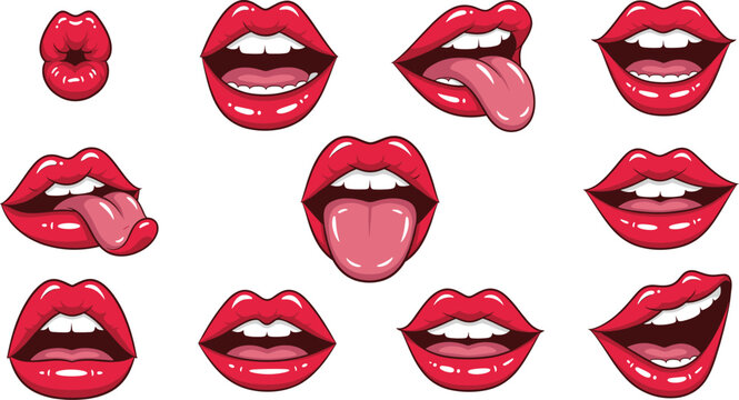 Set of expressive female mouths with red lipstick showing various emotions including sticking out tongue smiling and kissing isolated vector illustration