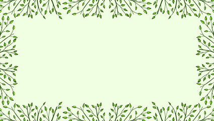 Spring soft, muted background, frame of floral tree branch, leaf, plants. Elegant, aesthetic, stylish elements for Decoration. Hand drawing doodles of vintage botanical elements. Space for text