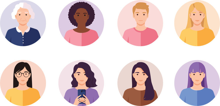 diverse people avatars featuring men and women of different ages and ethnicities in colorful circular frames vector illustration