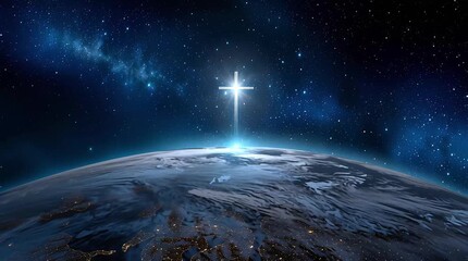 Silhouette of a glowing, abstract, religious cross against the backdrop of a starry night sky and planet Earth. Easter background. Bright star in the night sky. Starry night.Religious symbolism