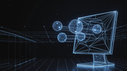 Digital wireframe computer monitor with glowing data spheres in a virtual network space.