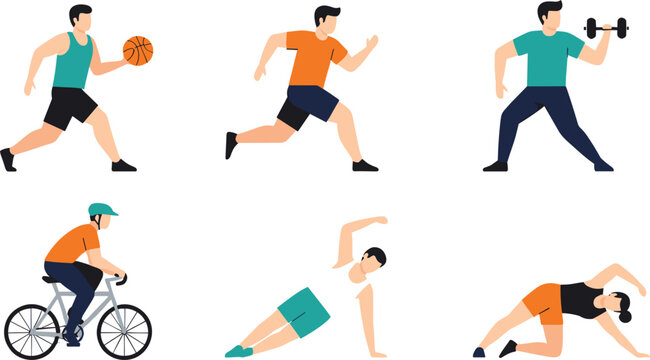 Diverse set of people engaged in various fitness activities including basketball running weightlifting cycling and yoga stretching vector illustration