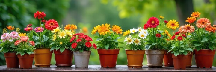 A cheerful scene of overflowing potted plants bursting with vibrant blooms, signifying the joy and abundance of a thriving garden ,  sunlight,  beauty,  colorful