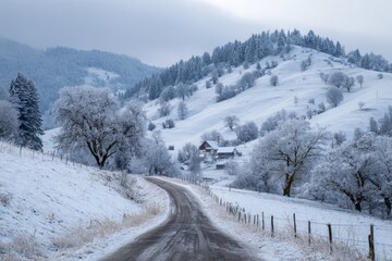 Winter Landscape With Snow-Covered Hills and a Rural Road Through a Farm Area Surrounded by Trees and Hills in 8K Resolution