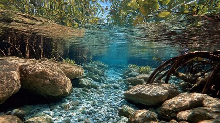 Underwater view of a clear, shallow stream bed with rocks, roots, and sunlight