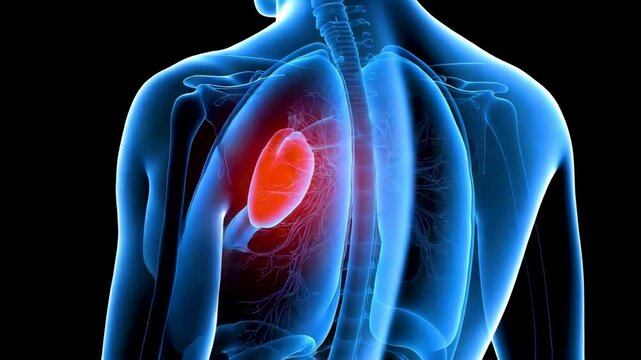 Transparent blue human upper torso with one kidney shown in glowing red against a black background