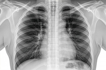 Chest X-ray showing the rib cage, spine, and lung fields, used to assess respiratory and skeletal structures