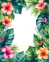 Tropical floral frame with vibrant hibiscus and palm leaves
