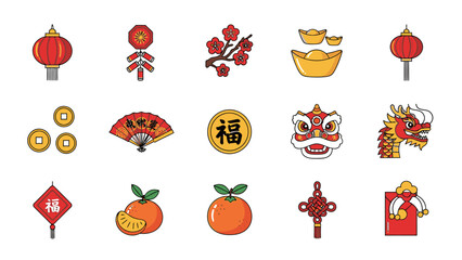 Flat lay of various Chinese New Year icons and symbols, including lanterns, angpao, lampion, and other cultural decorations on a clean white background.