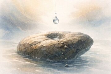 Constant dripping wears away the stone. Perseverance and slow change symbolized by a water droplet and a stone. It means patience, perseverance, change. For therapy, coaching.