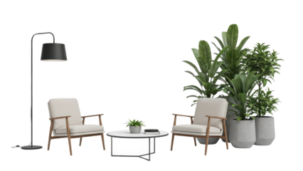 Modern living room furniture setup with floor lamp and indoor potted plants