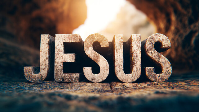 The Christian concept. An aged stone text "Jesus" with a view from the tomb to the sky.