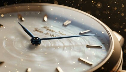 A luxurious close-up of an elegant watch face featuring a mother-of-pearl dial and intricate blue hands, with a Happy New Year 2026 Golden Luxury Watch Celebration with Bokeh Lights, Generative AI