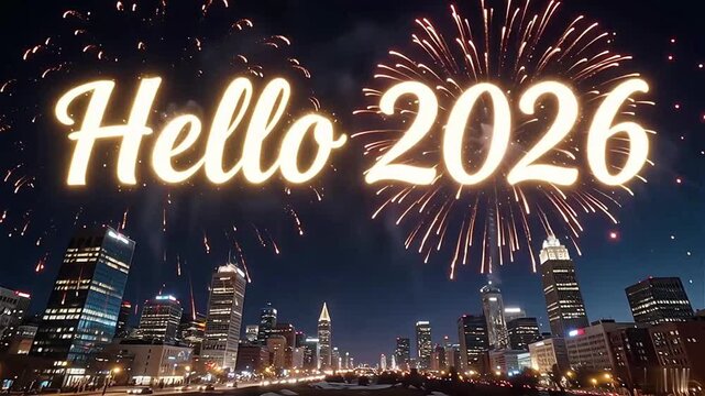City Skyline Fireworks Display with 'Hello 2026' Text in the Sky | New Year's Eve Celebration Night Scene Cinematic Animation