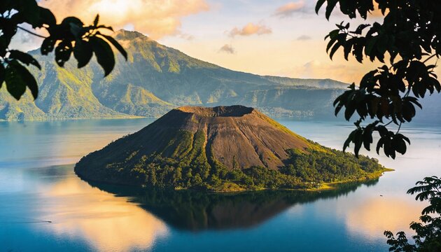 Scenic view of Lake Toba in Sumatra, calm water reflecting sky and surrounding hills, lush greenery, volcanic island in center