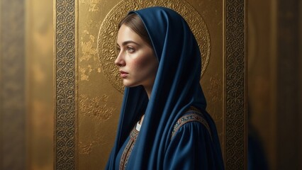 Fine art portrait of woman in blue veil with golden background, Virgin Mary