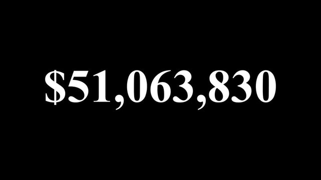 Money Number Counter from 0 to one hundred million dollars animation isolated on black background