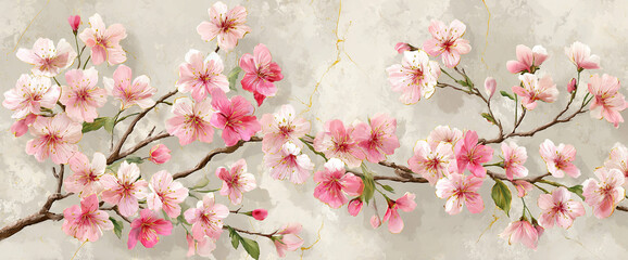 Cherry blossom embossed wallpaper repeat, matte finish with watercolor shading and subtle gold foil trim, high-resolution 32k
