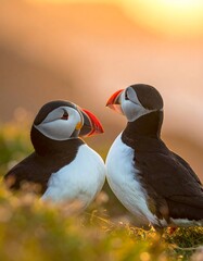 Two puffins face to face at sunset