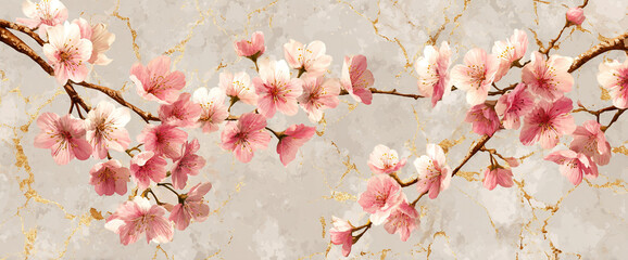 Cherry blossom embossed wallpaper repeat, matte finish with watercolor shading and subtle gold foil trim, high-resolution 32k