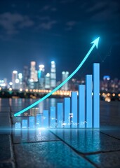 Futuristic holographic upward arrow chart symbolizing business growth in 2025. Futuristic businessman in suit pointing at holographic upward trending stock chart for 2025 financial success