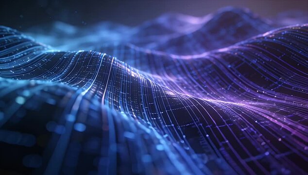 Futuristic wave cyber circuit loop vdo digital landscape data flow glowing grid abstract background technology network blue neon line pattern motion surreal fantasy 3d render innovation design