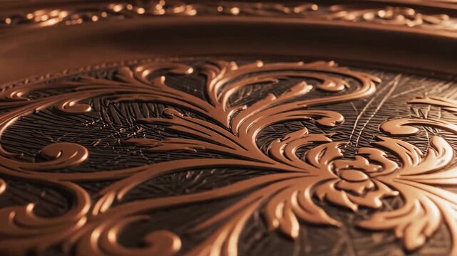 Close-up of polished copper plates showcasing intricate etched floral patterns, highlighting metal craftsmanship and ornate design elements.