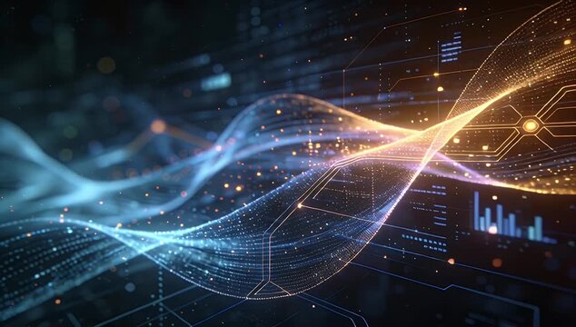 Abstract wave digital technology data network line light glow particle futuristic background with dynamic wave and abstract data loop wave glow vdo pattern energy digital background futuristic light