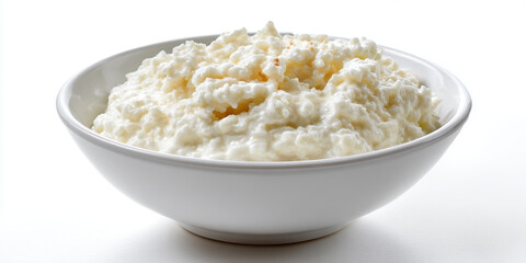 Rice pudding creamy dessert white bowl dairy sweet homemade comfort food traditional milky spoonable Rice pudding creamy dessert white bowl white background, homemade comfort food with milky