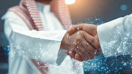 Two hands shaking, symbolizing partnership and agreement, with a futuristic digital overlay representing technology and innovation.