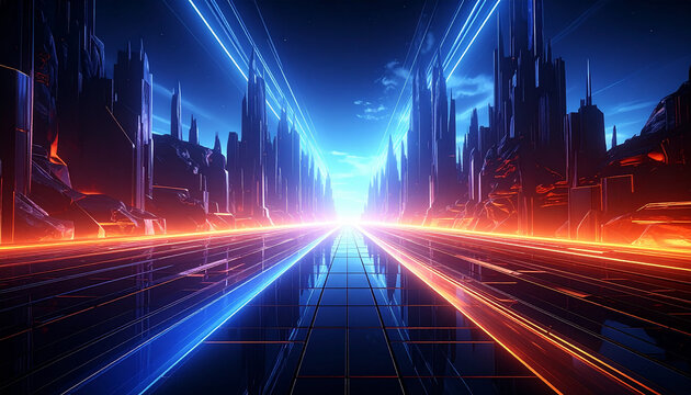 Sci-fi cityscape with glowing blue and orange lines on a reflective surface and distant towers - Powered by Adobe