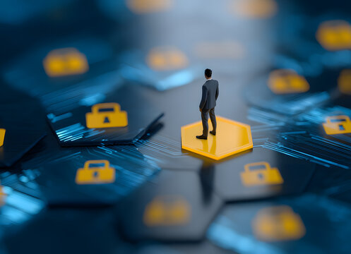 Business people stand on the security lock pattern