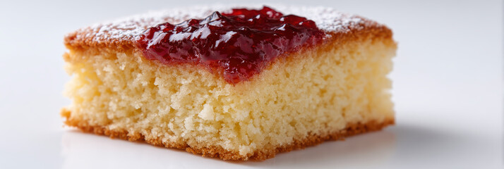 Sponge cake jam dessert slice sweet icing sugar homemade bakery snack crumb texture golden crust strawberry red topping vanilla moist soft square fluffy closeup gourmet treat indulgent baked