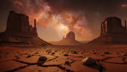 Dramatic Desert Landscape of Monument Valley Under a Fiery Night Sky.