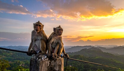 Two monkeys at sunset over a mountain range