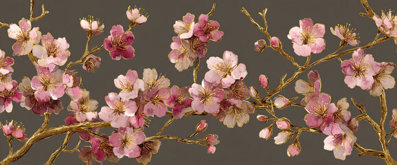 Cherry blossom floral repeat on matte espresso brown wallpaper, gold foil stems and watercolor petals, seamless high resolution 32k