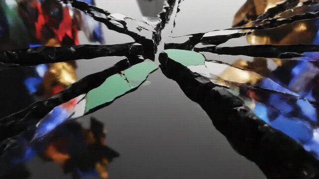 Dark fragmented obsidian planes reflect a vibrant, abstract geometric scene with shimmering lights and sharp edges, showcasing modern digital art and design.