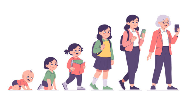 A visual representation of the different life stages of a woman from infant to senior