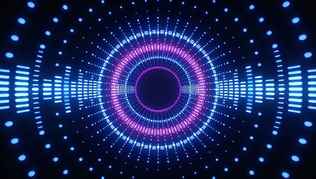 Neon circle loop vdo abstract background technology light pattern digital tunnel animation with glowing dot pattern and equalizer music waveform sound wave audio visualization futuristic motion