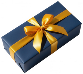 Luxury blue gift box with golden satin ribbon bow top view isolated