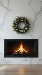 Cozy Fireplace with Christmas Wreath on Marble Wall