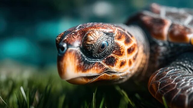 Close-up of a sea turtle on grassy shore with water background
