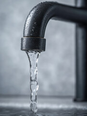 Water flowing smoothly from a modern dark faucet with droplets on the curved spout against a soft blurred background for kitchen or bathroom use