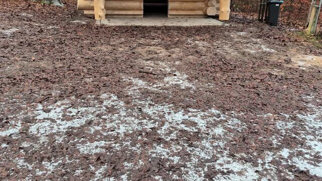 Neue Ratsbergh&uuml;tte in P&ouml;&szlig;neck neu errichtet nach Brandstiftung; Kameraschwenk von unten nach oben