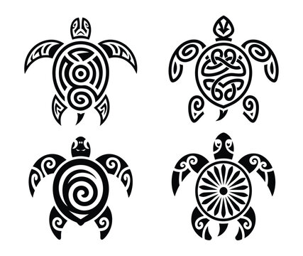 Tribal turtle tattoo illustration with authentic Polynesian symbolism, detailed Maori ethnic ornament style, powerful sea animal motif in black vector on white background.