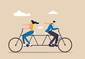 Business conflict, controversy or disagreement causing problem and failure concept, businessman and businesswoman colleagues or working team trying hard riding bicycle in opposite direction.