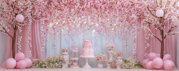 Cherry blossom inspired birthday backdrop with confetti and ribbons 32k ultra HD